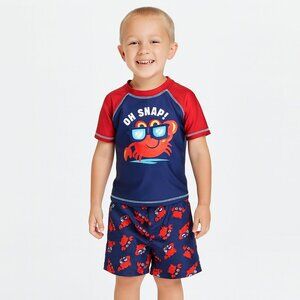Quad Seven Rash Guard Swim Set Crab Print Red Blue SPF Protection Size 2T
